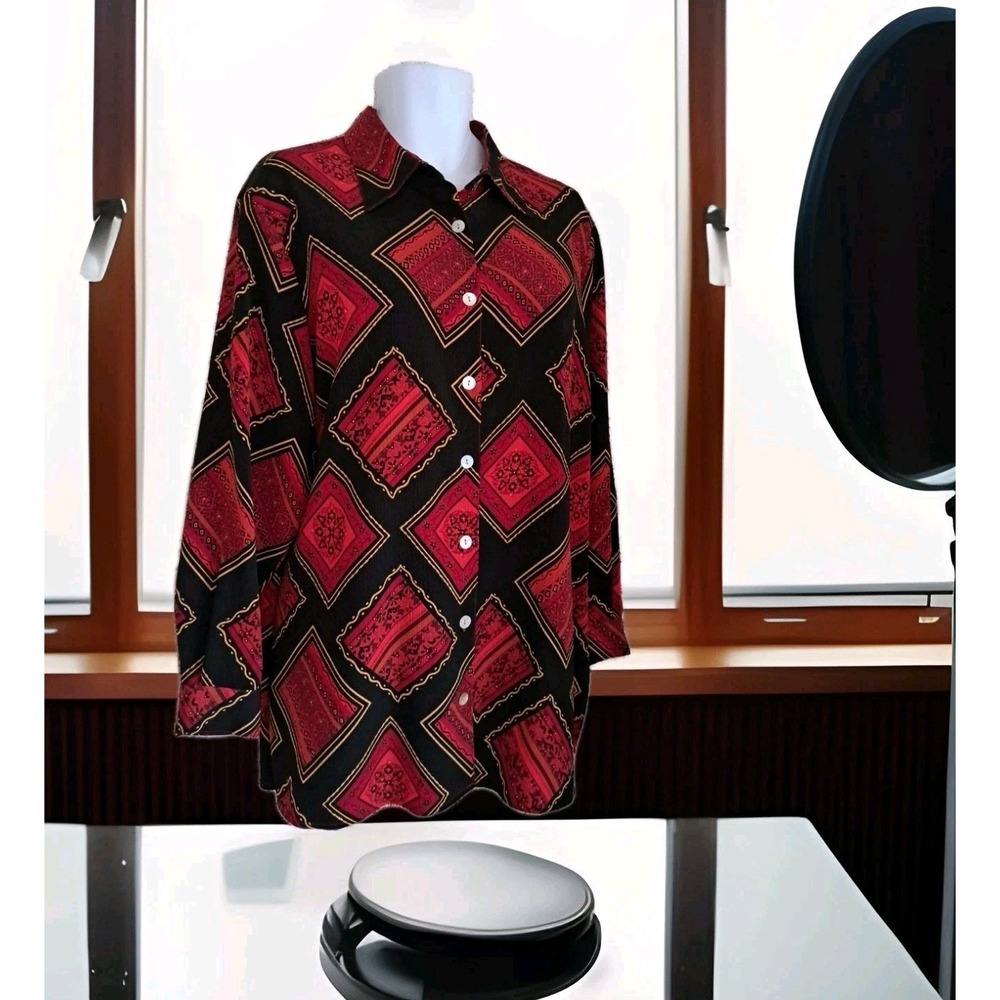 Notations Blouse 1X Black Red Geometric Print Button Down Long Sleeve Artsy